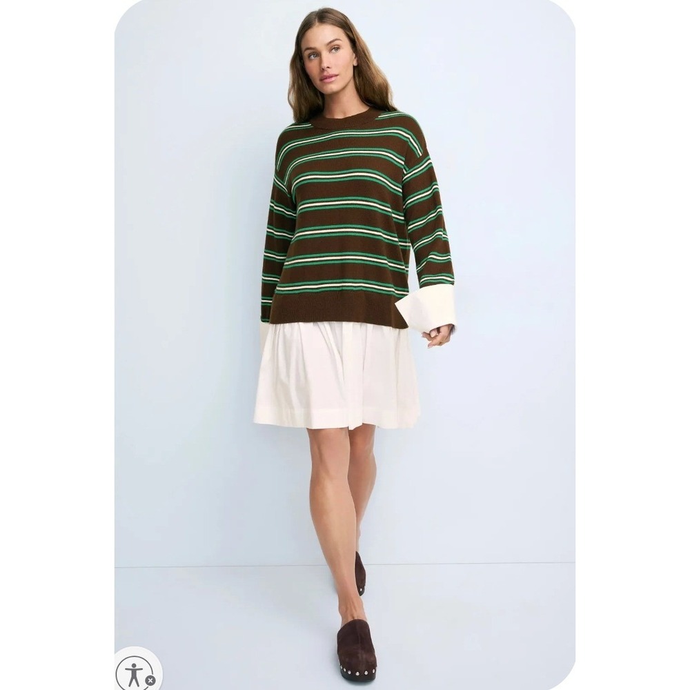 Simon Miller Brown Striped Crew Neck Sweater with Green & White Stripes